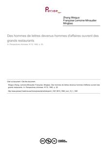 Des hommes de lettres devenus hommes d affaires ouvrent des grands restaurants - article ; n°1 ; vol.10, pg 20-20