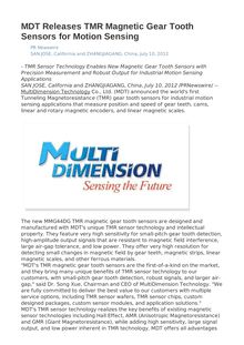 MDT Releases TMR Magnetic Gear Tooth Sensors for Motion Sensing