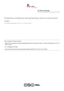 Problèmes et politiques démographiques dans le subcontinent indien - article ; n°443 ; vol.81, pg 25-47