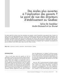 Des écoles plus ouvertes à l’implication des parents ? Le point de vue des directeurs d’établissement au Québec - article ; n°1 ; vol.147, pg 69-77