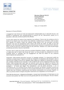 Courrier à Manuel Valls sur la lutte contre les contrôles au faciès