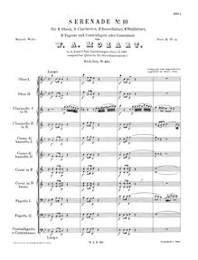 Partition complète, Serenade, Serenade No.10 ; Gran Partita Serenade par Wolfgang Amadeus Mozart