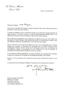 Autoroute A831 - Lettre de Manuel Valls à Hugues Fourage