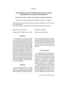 VALORACIÓN DEL ÉXITO REPRODUCTIVO DE VARROA JACOBSONI EN APIS MELLIFERA IBERICA (NO-REPRODUCING OF VARROA JACOBSONI IN APIS MELLIFERA IBERICA)