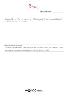Jörgen Ruud, Taboo, A study of Malagasy Customs and Beliefs  ; n°1 ; vol.4, pg 121-122
