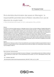 De la dernière discrimination des sexes en Allemagne : la responsabilité parentale dans la filiation naturelle et en cas de désunion du couple marié - article ; n°3 ; vol.44, pg 609-639