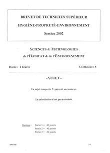 Sciences et technologies de l habitat et de l environnement 2002 BTS Hygiène propreté environnement