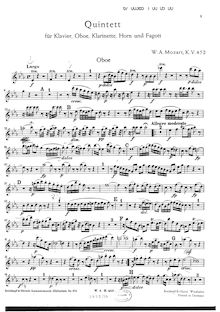 Partition vent parties, quintette, Quintet for Piano and Winds, E♭ major