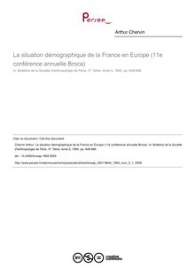 La situation démographique de la France en Europe (11e conférence annuelle Broca) - article ; n°1 ; vol.5, pg 648-686