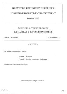 Sciences et technologies de l habitat et de l environnement 2003 BTS Hygiène propreté environnement