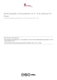 World Copyright, an Encyclopedia, vol. IV : Q-Z, publié par H.L. Pinner - note biblio ; n°1 ; vol.13, pg 274-274