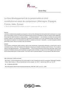 Le libre développement de la personnalité en droit constitutionnel essai de comparaison (Allemagne, Espagne, France, Italie, Suisse) - article ; n°1 ; vol.55, pg 123-147