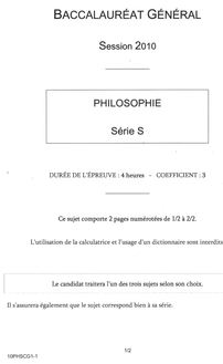 Sujet du bac S 2010: Philosophie