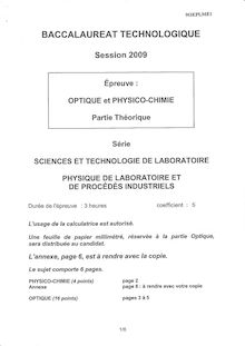 Optique et Physico Chimie 2009 S.T.L (Physique de laboratoire et de procédés industriels) Baccalauréat technologique