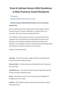Frost & Sullivan Honors 2014 Excellence in Best Practices Award Recipients