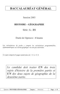 Histoire Géographie 2003 Sciences Economiques et Sociales Baccalauréat général