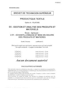 Echantillonnage et mise en oeuvre des produits et matières 2003 Filature BTS Productique - textile