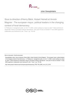 Sous la direction d Henry Bäck, Hubert Heinelt et Annick Magnier : The european mayor, political leaders in the changing context of local democracy   ; n°3 ; vol.24, pg 178-182