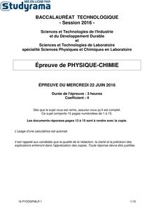 Sujet BACSPCL Physique Chimie 2016
