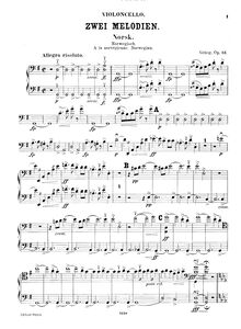 Partition violoncelles, 2 Melodies Op.53, Grieg, Edvard