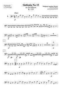 Partition violoncelles / Basses, Symphony No.15, G major, Mozart, Wolfgang Amadeus