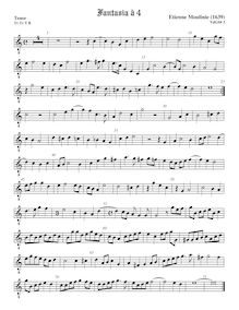 Partition ténor viole de gambe, octave aigu clef, fantaisies pour 4 violes de gambe par Étienne Moulinié