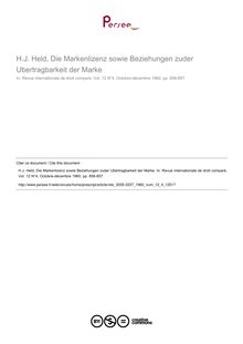 H.J. Held, Die Markenlizenz sowie Beziehungen zuder Ubertragbarkeit der Marke - note biblio ; n°4 ; vol.12, pg 856-857