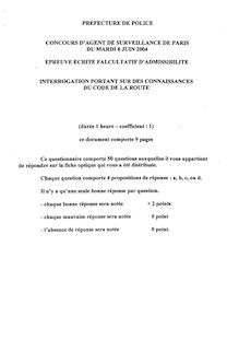 QCM code de la route 2004 Agent de surveillance de la ville de Paris