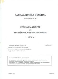 Mathématiques - Informatique 2010 Littéraire Baccalauréat général