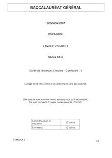 Espagnol LV1 2007 Sciences Economiques et Sociales Baccalauréat général