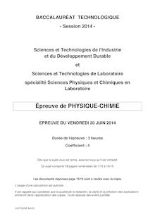 Bac 2014 - série STL spé SPCL - physique chimie