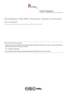 Denis Ballière (1729-1800). Pharmacien, littérateur et théoricien de la musique - article ; n°334 ; vol.90, pg 291-302