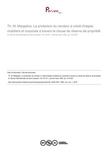 Th. M. Margellos, La protection du vendeur à crédit d objets mobiliers et corporels à travers la clause de réserve de propriété - note biblio ; n°1 ; vol.44, pg 319-320