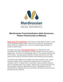 Mardirossian Facial Aesthetics Adds Numerous Patient Testimonials to Website