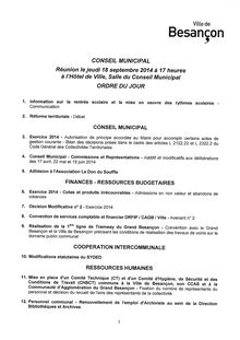 Conseil municipal de Besançon : Ordre du jour du 18/9/2014