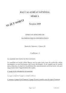 Baccalauréat Général - Série: L (Session 2009) Epreuve anticipée de Mathématiques-Informatique