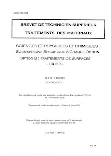 Sciences physiques et chimiques 2004 Traitements de surfaces BTS Traitement des matériaux