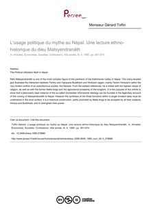 L usage politique du mythe au Népal. Une lecture ethno-historique du dieu Matsyendranâth - article ; n°4 ; vol.45, pg 951-974