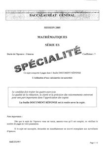 Mathématiques Spécialité 2005 Sciences Economiques et Sociales Baccalauréat général