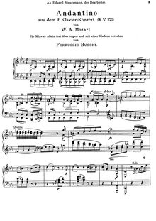 Partition , Andantino, Piano Concerto No.9, Jenamy Concerto ; Jeunehomme Concerto