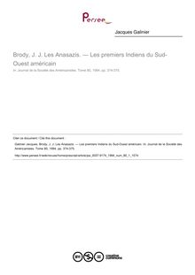 Brody, J. J. Les Anasazis. — Les premiers Indiens du Sud-Ouest américain  ; n°1 ; vol.80, pg 374-375