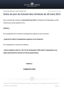 Communiqué de presse de l Elysée: Ordre du jour du Conseil des ministres du 20 mars 2013