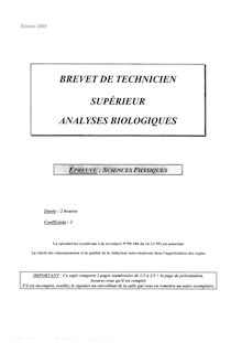 Sciences physiques 2005 BTS Analyses biologiques