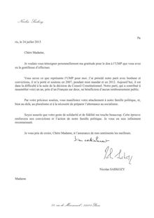 Lettre de Nicolas Sarkozy aux donateurs de l UMP