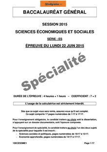 Sujet BAC ES 2015 Sciences Economique et Sociales Spécialité