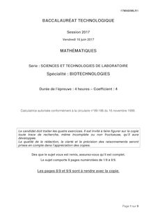Sujet Bac STL Bio 2017 - Mathématiques 