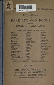 A catalogue of rare and old books in the English language ... and a supplement: Fine and applied art