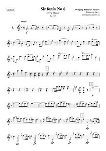 Partition violons I, Symphony No.6, F major, Mozart, Wolfgang Amadeus