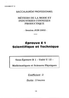 Mathématiques et sciences physiques 2002 Bac Pro - Métiers de la mode et industries connexes - productique