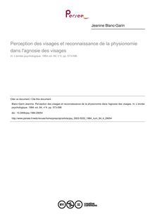 Perception des visages et reconnaissance de la physionomie dans l agnosie des visages - article ; n°4 ; vol.84, pg 573-598